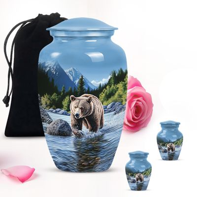 Blue Forest Bear Small urn for Human Ashes Keepsake - Large Burial urns for Human Ashes Combo of 10" & 3"