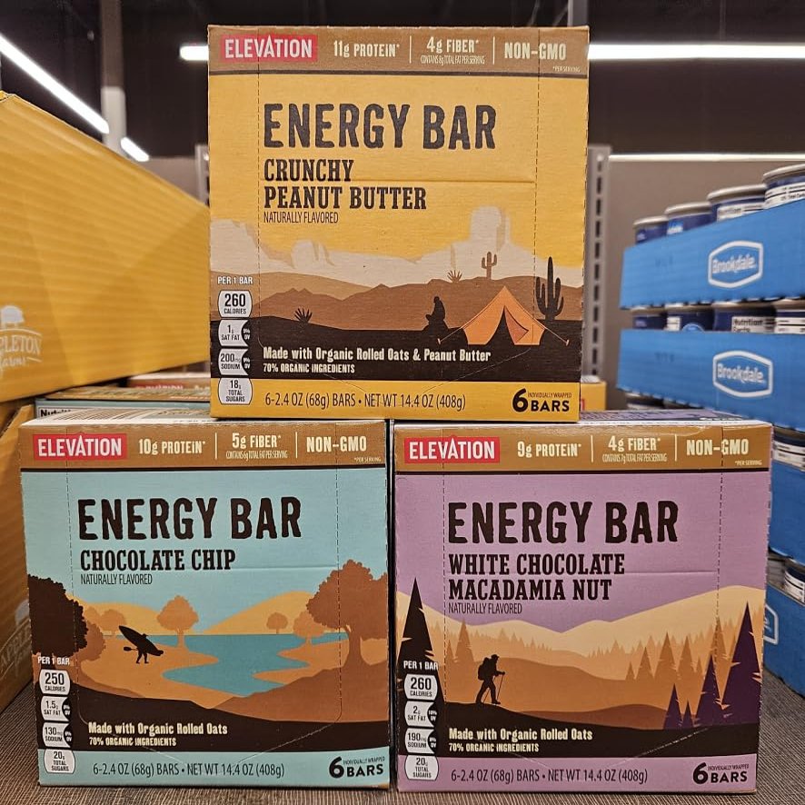 Elevation Energy Crunchy Peanut Butter, Chocolate Chip, White Chocolate Macadamia Nut Bar 14.4oz 408g (Three Boxes)