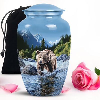 Blue Forest Bear Large urns for Human Ashes Adult Man - Funeral urns for Human Ashes Adult Female 10 inch