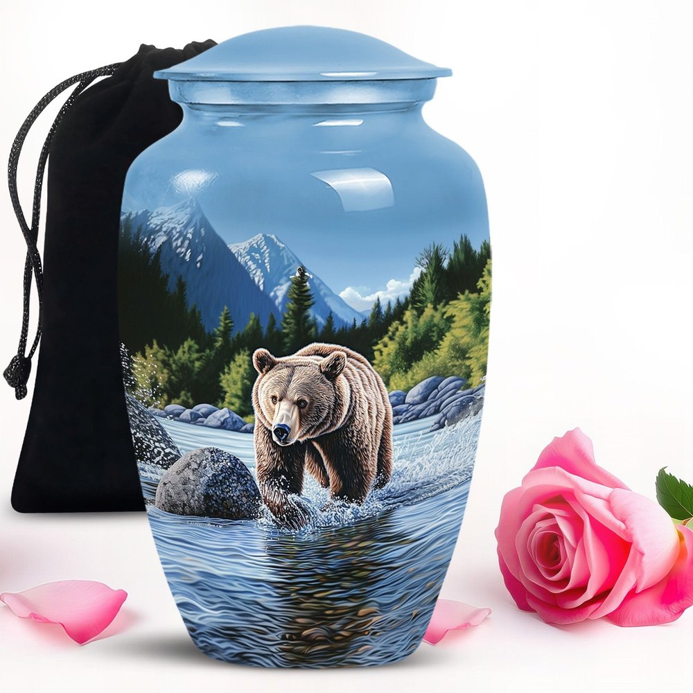 Blue Forest Bear Large urns for Human Ashes Adult Man - Funeral urns for Human Ashes Adult Female 10 inch
