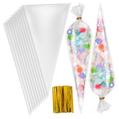 BCOATH 1set Cone Cellophane Candy Bags Treat Packing Bags Ties for Cookies Chocolates and Party Favors Made of Safe Opp Material