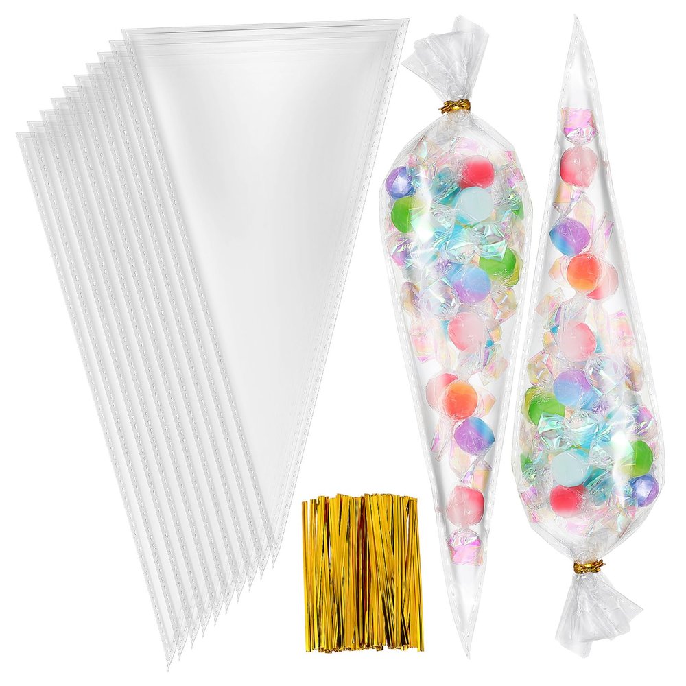 BCOATH 1set Cone Cellophane Candy Bags Treat Packing Bags Ties for Cookies Chocolates and Party Favors Made of Safe Opp Material