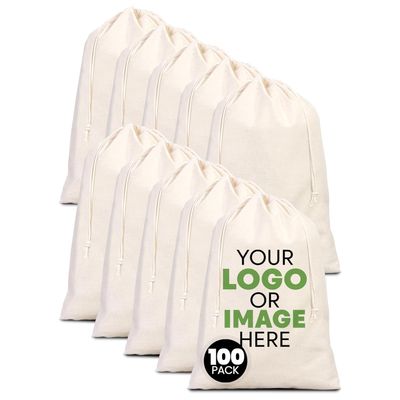 (100 Pack) Custom Cotton Drawstring Bags 12x16 Personalized Muslin Favor Bags for Weddings, Gifts, Events & Promotional Use