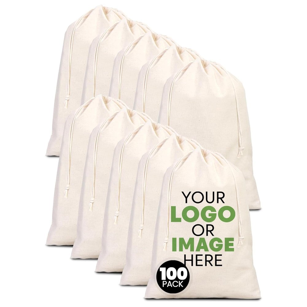 (100 Pack) Custom Cotton Drawstring Bags 12x16 Personalized Muslin Favor Bags for Weddings, Gifts, Events & Promotional Use