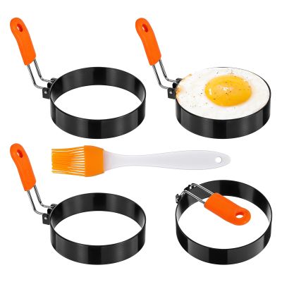 4 Pcs Egg Ring with Oil Brush, 3.5 Inch Egg Rings for Griddle Frying Eggs, Non-stick Stainless Steel Griddle Egg Ring Round Eggs Cooker Pancake Ring Cooking Ring for Muffin