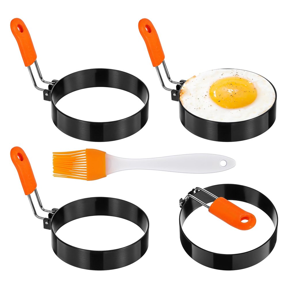 4 Pcs Egg Ring with Oil Brush, 3.5 Inch Egg Rings for Griddle Frying Eggs, Non-stick Stainless Steel Griddle Egg Ring Round Eggs Cooker Pancake Ring Cooking Ring for Muffin