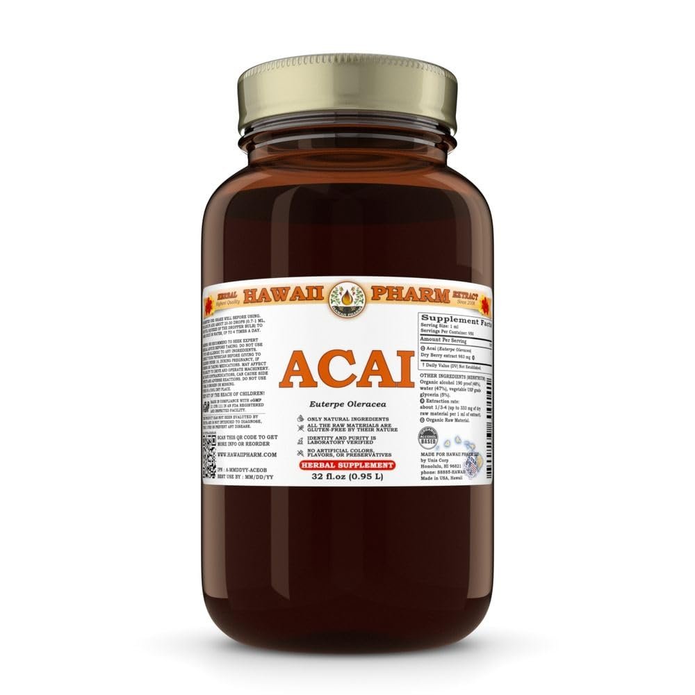 Acai (Euterpe Oleracea) Dry Berry Tincture, Made in Hawaii, Raw Materials, All Natural, Vegan, Pure Liquid Extract - 32 fl.oz