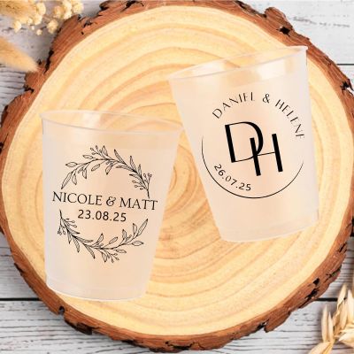 100 Personalized Frosted Plastic Reusable Party Cups, Custom Disposable Cups,Customized Party Modern Wedding Party Bridal Shower Cups (white,12oz)