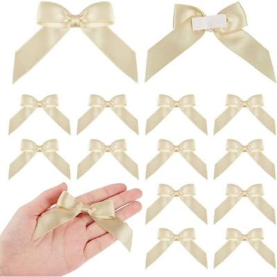 MAYJOYDIY 50 PCS Beige Satin Ribbon Bows 2.2 Inch Self Adhesive Bowknots Decoration Premade Bows with Double-Sided Tape for Gift Wrapping Wedding Party Decor DIY Crafts