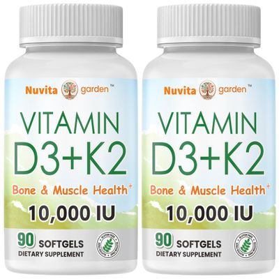 2 Pack Vitamin D3 10000 iu Plus K2 (MK-7) 200 mcg, 90 Coconut Oil Softgels| 2 in 1 VIT D & K Complex | Supports Calcium Absorption, Bone, Immune, & Heart Health