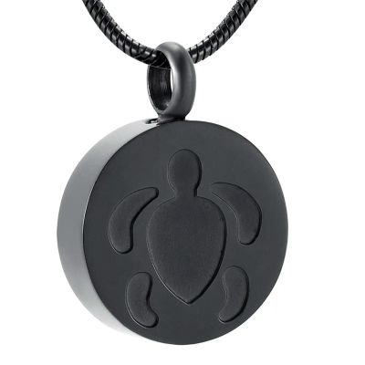 BIAIHQIE Cremation Urn Necklace for Ashes Turtle Engraved Round Funeral Pendant Necklace Memorial Jewelry for Pet/Animal Ashes-Black