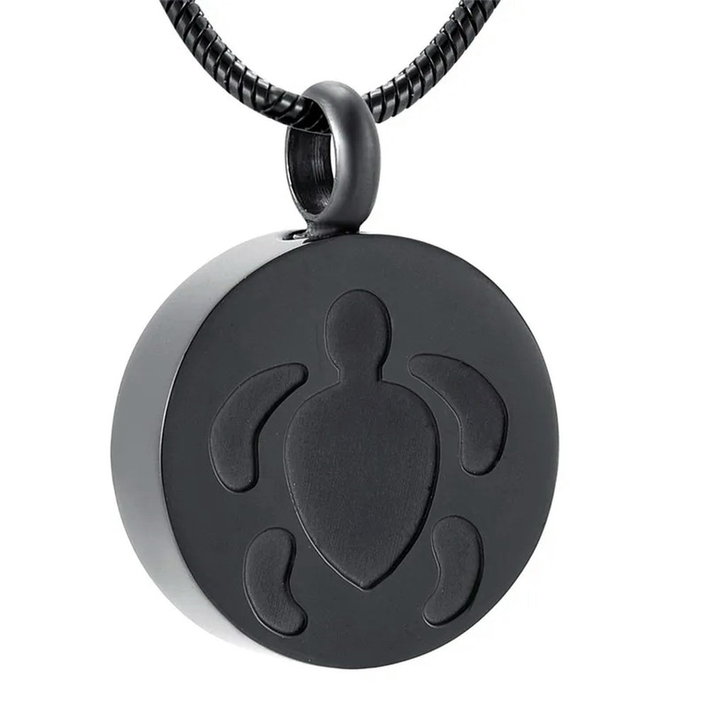 BIAIHQIE Cremation Urn Necklace for Ashes Turtle Engraved Round Funeral Pendant Necklace Memorial Jewelry for Pet/Animal Ashes-Black