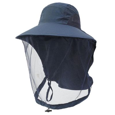 Mosquito Head Net Hat, Safari Mosquito Sun Hat with Veil Mesh Neck Flap Fishing Hiking Camping Boonie Hats Caps Navy Blue