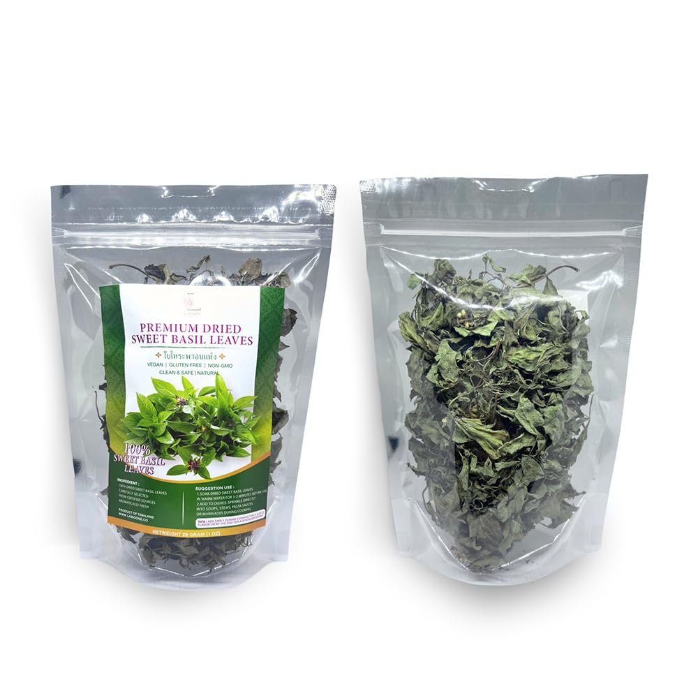 Holy basil leaves 28g (1oz), Dried, From Premium fresh Thai Basil Leaves, 100% Natural, Aromatic Ka Pao, Kra Prao Thai Spice for ASIAN Food (Coriander root)