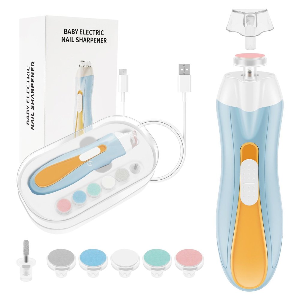 Baby Nail Trimmer Electric Baby Nail File, Baby Nail Clippers with 6 Grinding Heads & LED Light, Safe & Easy Trim Buffer Kit for Baby Newborn Toddler Toes Fingernails Baby Nail Care Kit (Blue)