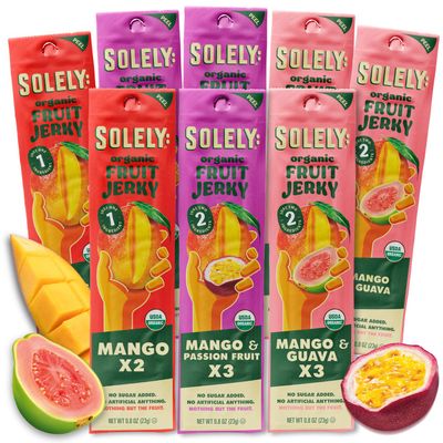 SOLELY - Organic Fruit Jerky Variety Pack - 8 Flavors, 8 Individually Wrapped Strips - Fruit Leather Made from Dried Fruit - Healthy Snacks for Adults & Kids - Non GMO, Vegan - 0.8oz (23g)