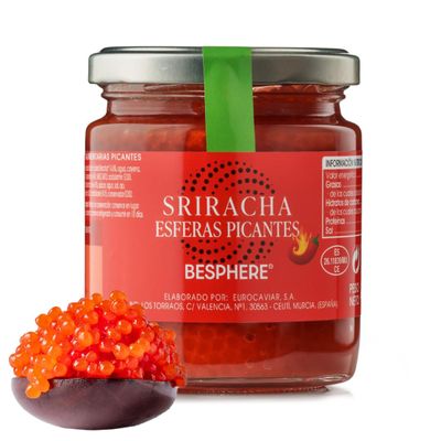 BESPHERE Sriracha Hot Sauce Pearls Spicy & Flavorful Spheres Ideal for Sushi, Woks, Pasta & Grilled Meats Heat-Resistant Gluten-Free 7 oz [200 gm]