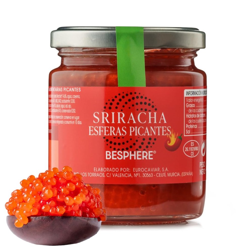 BESPHERE Sriracha Hot Sauce Pearls Spicy & Flavorful Spheres Ideal for Sushi, Woks, Pasta & Grilled Meats Heat-Resistant Gluten-Free 7 oz [200 gm]