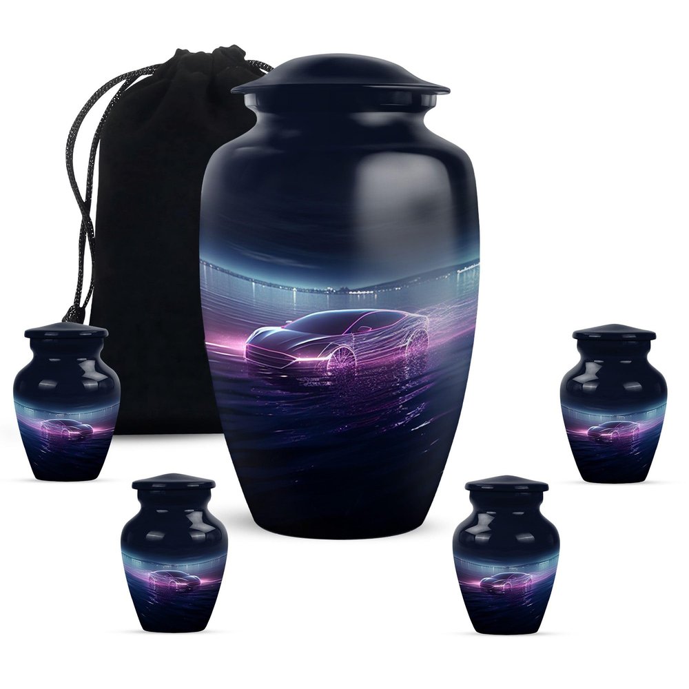 KARYLIZ Car Funeral Cremation Urns for Ashes Adult - Purple Large Burial Urn Keepsake - Blue Memorial Urns for Human Ashes - Decorative Ash Holder for Cremation Set of 4-10 Inch, 3 Inch