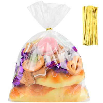 100 Pcs Cellophane Wrap Bags for Gift Baskets 9 x 12 in, MEEZY Clear Basket Treat Bags with Gold Twist Ties for Gift Wrapping Plastic Cello Packaging for Birthday Baby Shower Wedding Party Favors