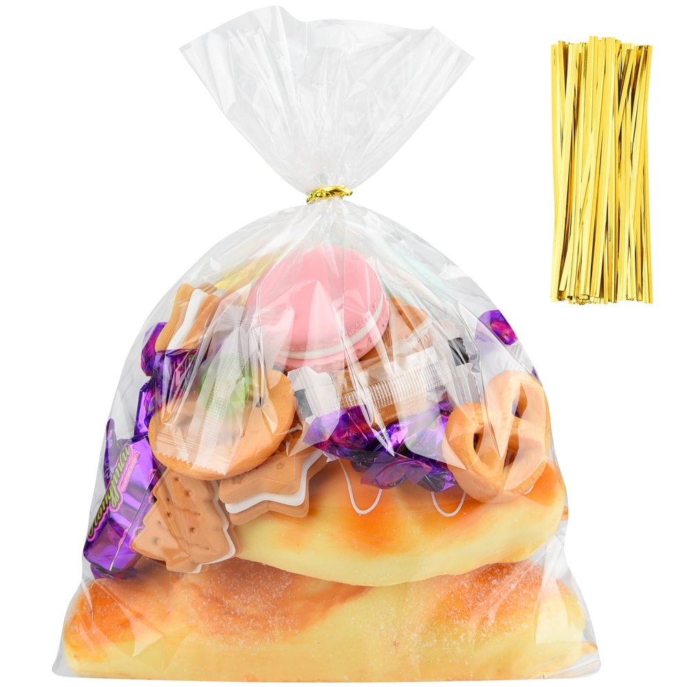 100 Pcs Cellophane Wrap Bags for Gift Baskets 9 x 12 in, MEEZY Clear Basket Treat Bags with Gold Twist Ties for Gift Wrapping Plastic Cello Packaging for Birthday Baby Shower Wedding Party Favors
