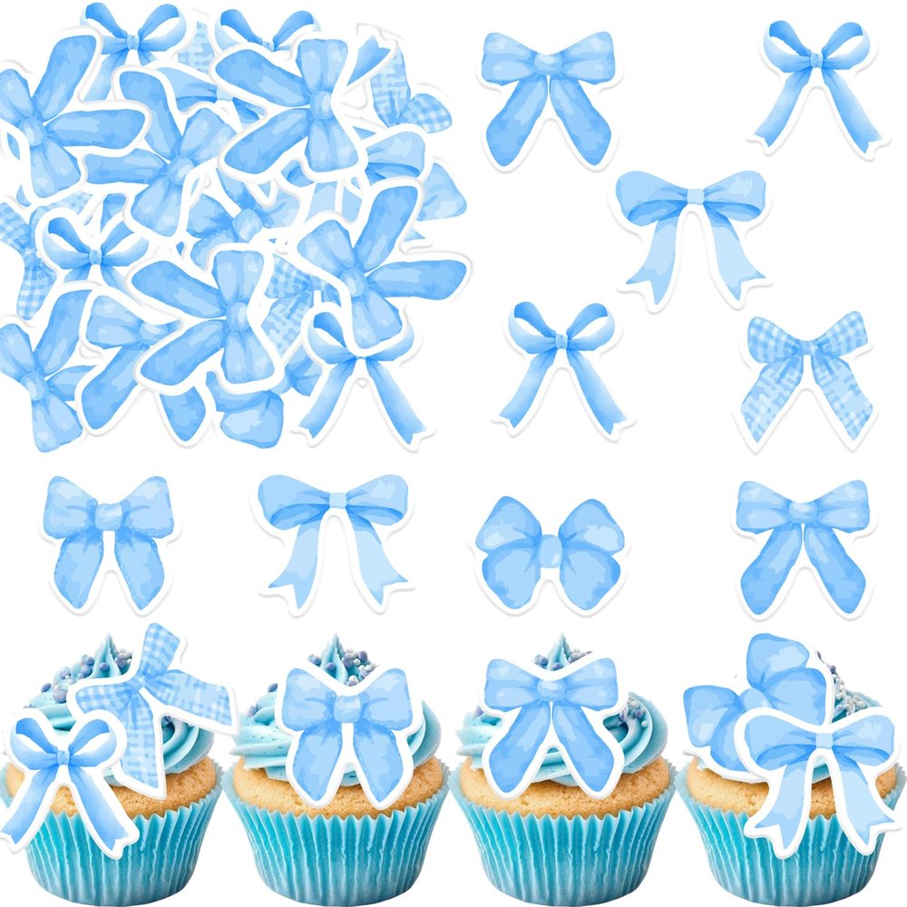 Fyeoxle 30PCS Edible Bow Cupcake Toppers Wafer Paper Bowknot Cake Decoration She is Trying the Knot Cupcake Toppers Edible Coquette Bows for Bow Theme Birthday Party Decoration Supplies (Blue)