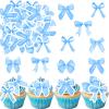 Fyeoxle 30PCS Edible Bow Cupcake Toppers Wafer Paper Bowknot Cake Decoration She is Trying the Knot Cupcake Toppers Edible Coquette Bows for Bow Theme Birthday Party Decoration Supplies (Blue) view 1