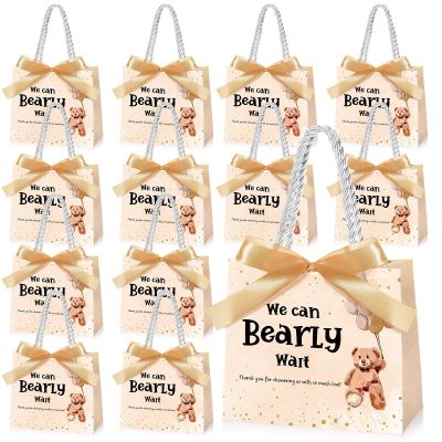Spakon 25 Pack Brown Bear Baby Shower Favor Bags Decorations, We Can Bearly Wait Baby Shower Goodie Gift Bags with Handles and Ribbons Gender Reveal Party Favor for Guests Return Gifts