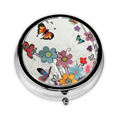 Pill Case with Mirror Retro 3 Compartment Pill Box Cartoon Butterfly Flowers Small Pill Organizer for Purse or Pocket Decorative Metal Medicine Vitamin Organizer Unique Gifts
