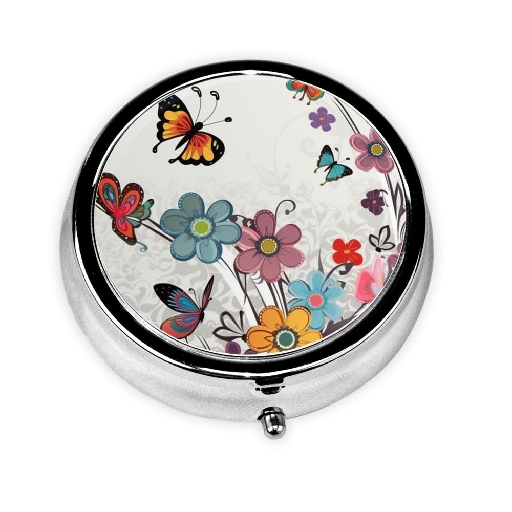 Pill Case with Mirror Retro 3 Compartment Pill Box Cartoon Butterfly Flowers Small Pill Organizer for Purse or Pocket Decorative Metal Medicine Vitamin Organizer Unique Gifts