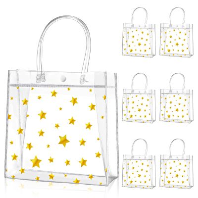 Aliceset 20 Pcs 8 x 8 x 3.15 Inch Clear PVC Gift Bags with Handles Small Gold Foil Star Transparent Star Party Favor Goodie Bags for Baby Shower Birthday Wedding Candy Snack Gift Wrapping
