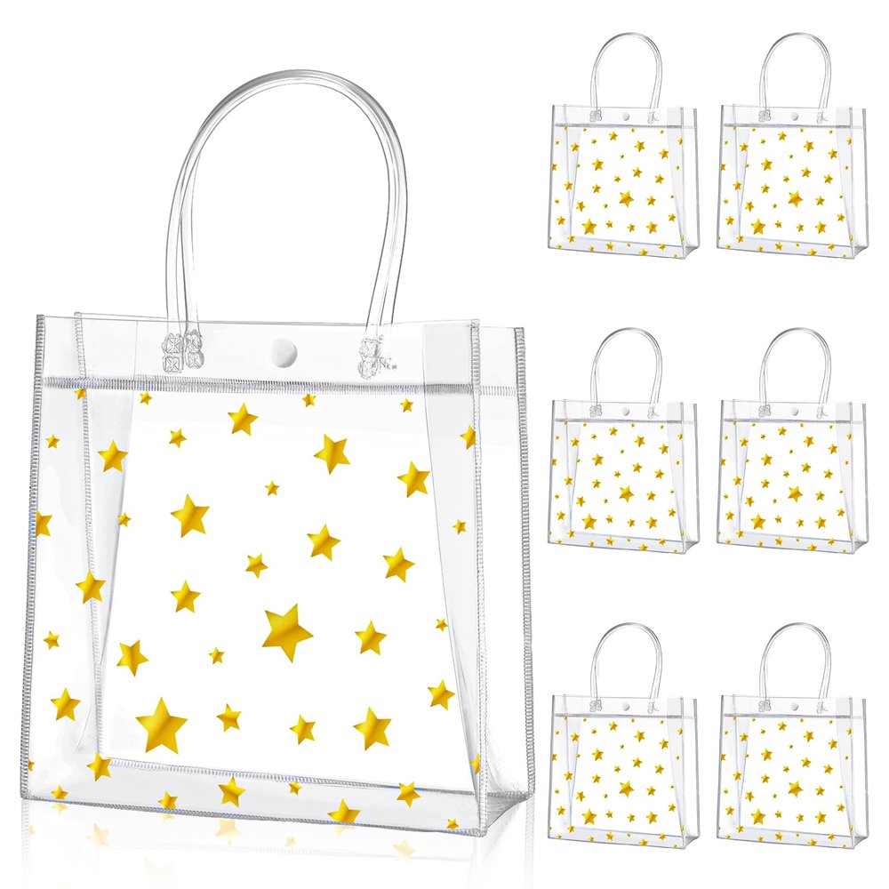 Aliceset 20 Pcs 8 x 8 x 3.15 Inch Clear PVC Gift Bags with Handles Small Gold Foil Star Transparent Star Party Favor Goodie Bags for Baby Shower Birthday Wedding Candy Snack Gift Wrapping