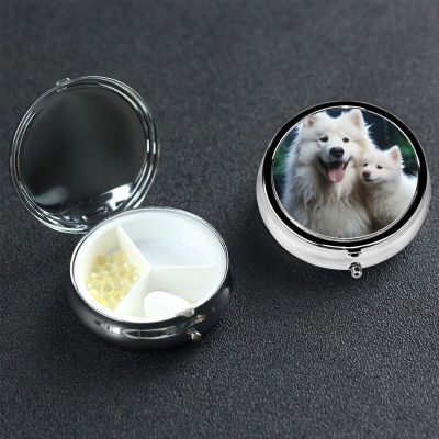 White Dog Pill Box 3 Compartment Round Portable Pill Case for Pocket or Purse Small Weekly Medicine Planner Travel Pillbox with Mirror Decorative Metal Vitamin Holder Gifts