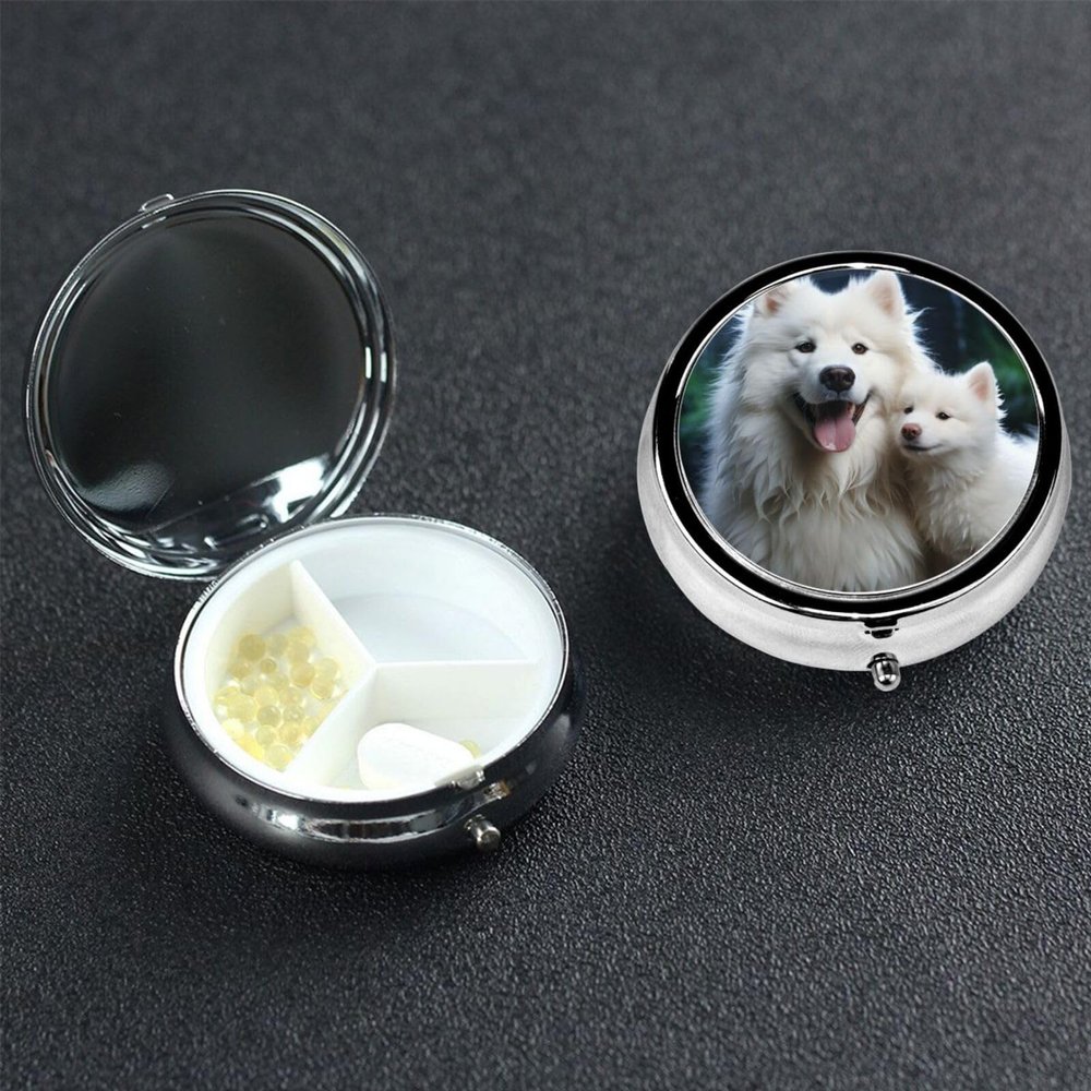 White Dog Pill Box 3 Compartment Round Portable Pill Case for Pocket or Purse Small Weekly Medicine Planner Travel Pillbox with Mirror Decorative Metal Vitamin Holder Gifts