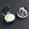 White Dog Pill Box 3 Compartment Round Portable Pill Case for Pocket or Purse Small Weekly Medicine Planner Travel Pillbox with Mirror Decorative Metal Vitamin Holder Gifts