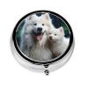 White Dog Pill Box 3 Compartment Round Portable Pill Case for Pocket or Purse Small Weekly Medicine Planner Travel Pillbox with Mirror Decorative Metal Vitamin Holder Gifts view 2