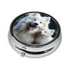 White Dog Pill Box 3 Compartment Round Portable Pill Case for Pocket or Purse Small Weekly Medicine Planner Travel Pillbox with Mirror Decorative Metal Vitamin Holder Gifts view 3