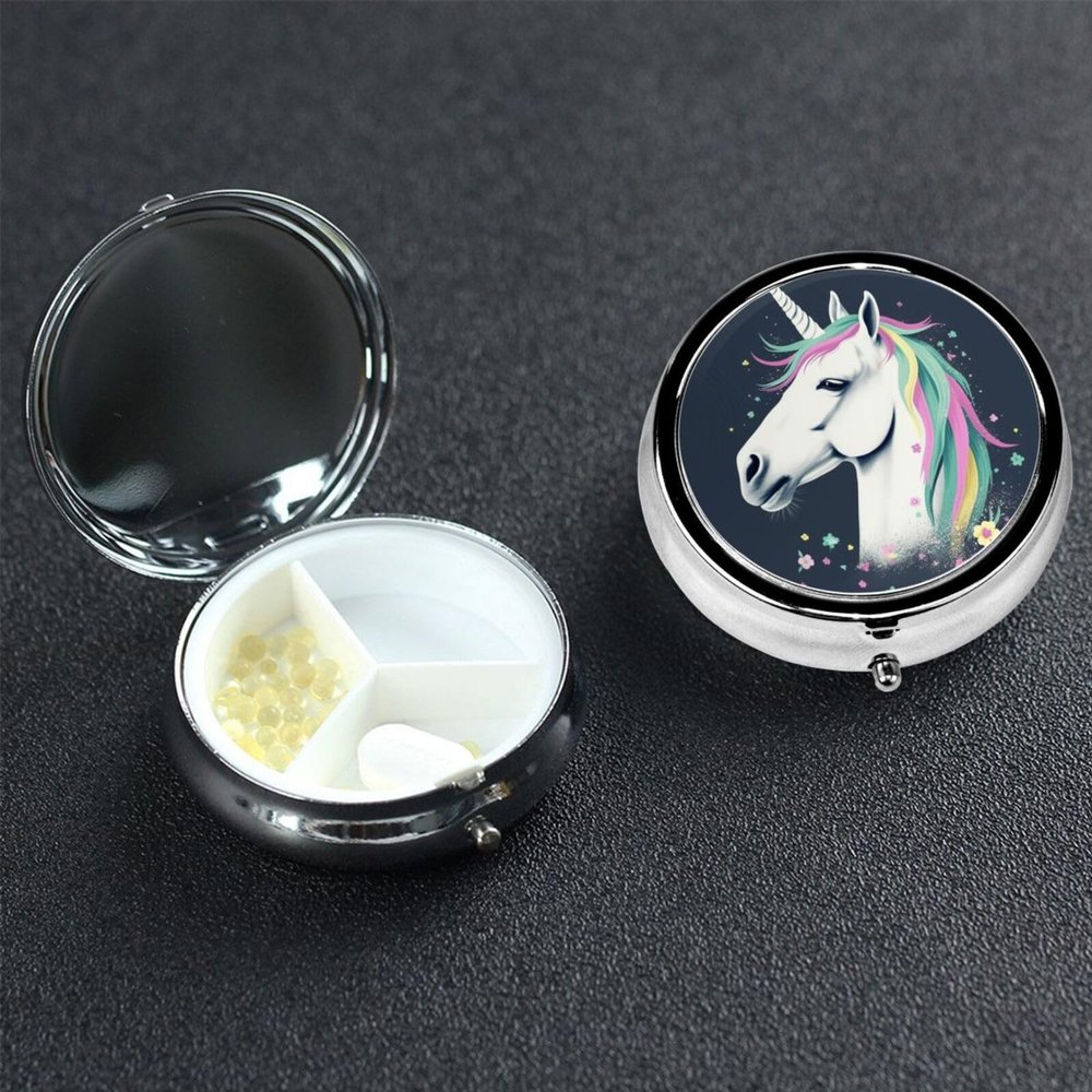 Be Animal Pill Box 3 Compartment Round Portable Pill Case for Pocket or Purse Small Weekly Medicine Planner Travel Pillbox with Mirror Decorative Metal Vitamin Holder Gifts