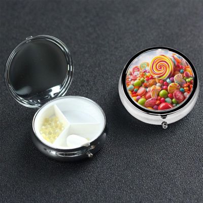 Rainbow Candy Pill Box 3 Compartment Round Portable Pill Case for Pocket or Purse Small Weekly Medicine Planner Travel Pillbox with Mirror Decorative Metal Vitamin Holder Gifts