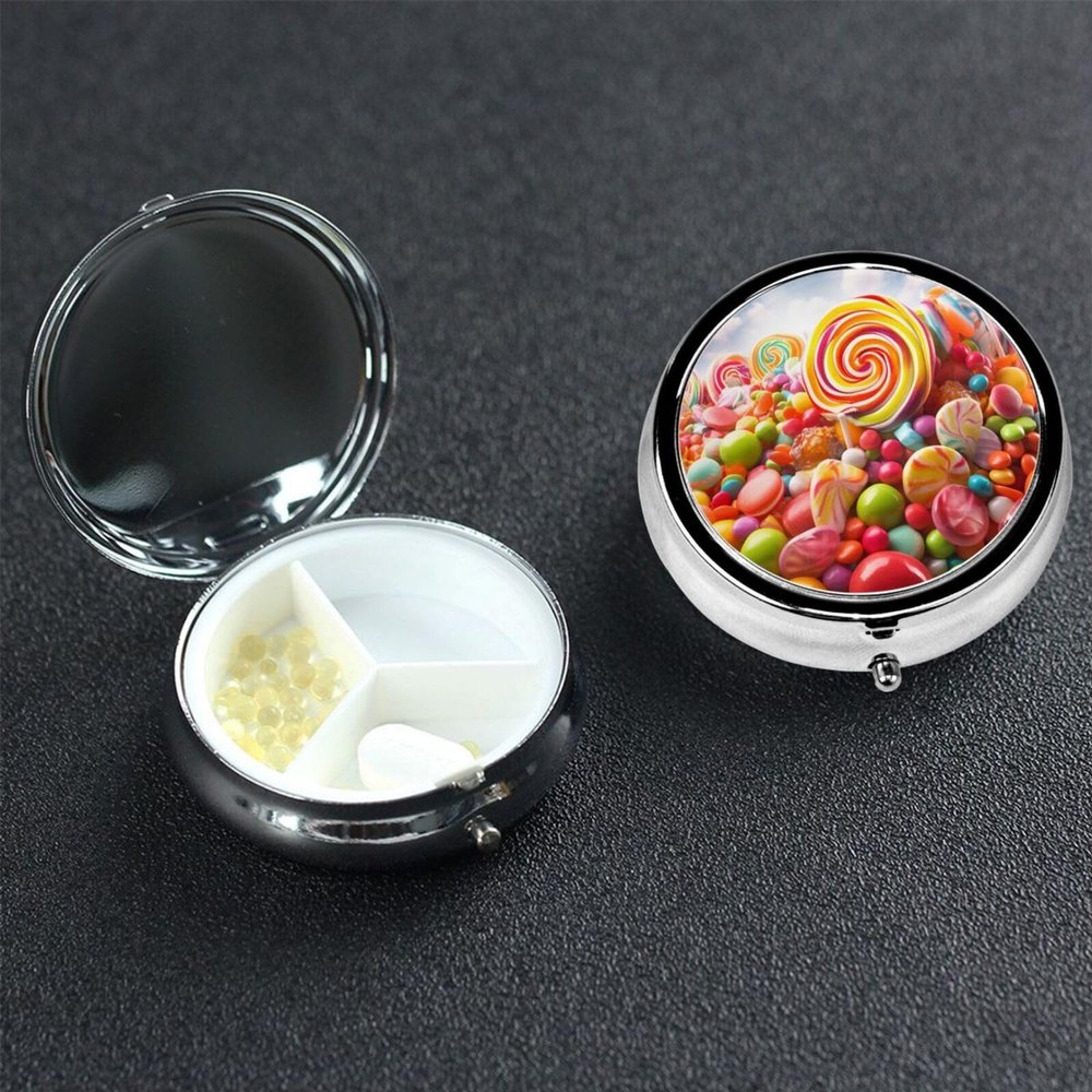 Rainbow Candy Pill Box 3 Compartment Round Portable Pill Case for Pocket or Purse Small Weekly Medicine Planner Travel Pillbox with Mirror Decorative Metal Vitamin Holder Gifts