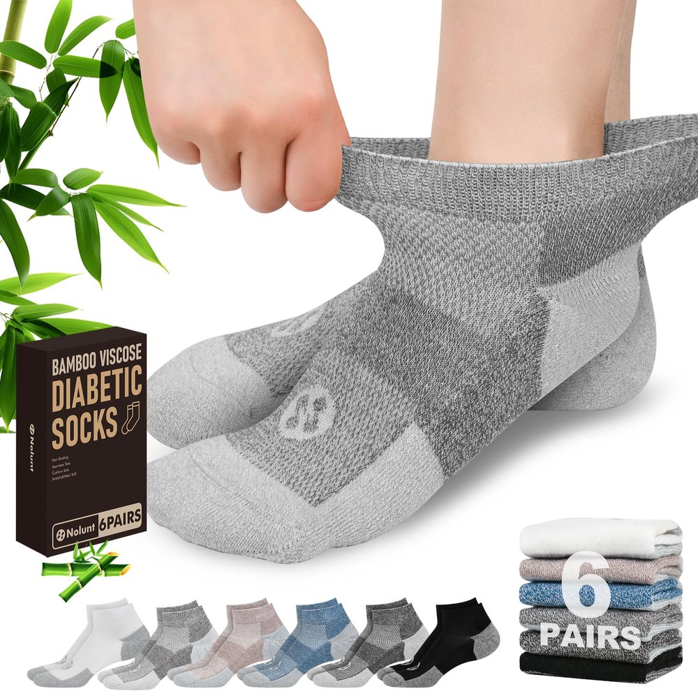 NOLUNT Diabetic Socks for Men,6 Pairs Low Cut Diabetic Neuropathy Socks for Men 9-12/10-13(White+Black+Dark Grey+Deep Grey+Sandy Color+Deep Blue-Medium)