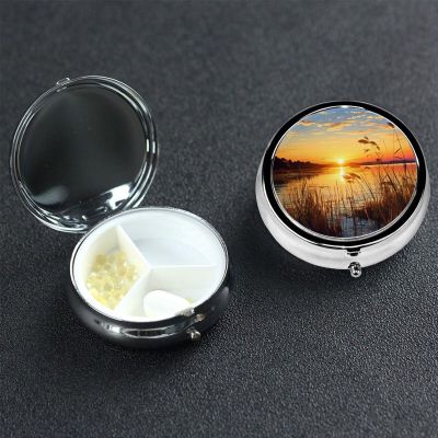 Reeds by The River Pill Box 3 Compartment Round Portable Pill Case for Pocket or Purse Small Weekly Medicine Planner Travel Pillbox with Mirror Decorative Metal Vitamin Holder Gifts