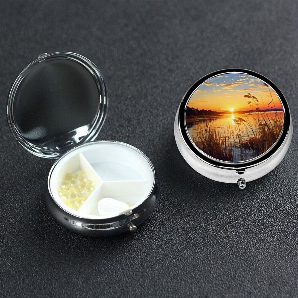 Reeds by The River Pill Box 3 Compartment Round Portable Pill Case for Pocket or Purse Small Weekly Medicine Planner Travel Pillbox with Mirror Decorative Metal Vitamin Holder Gifts