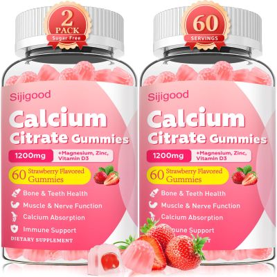 2 Pack Calcium Citrate Gummies, Calcium Supplements for Women & Men, High Absorption Calcium Gummies with Vitamin D3, Magnesium & Zinc for Muscle, Bone & Immune Support, Strawberry Flavor