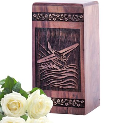 Airplane Large Funeral Canister, Unique Handmade Cremation Chest, Wooden Tribute Urn, 14inch, Black Wood Keepsake Urn