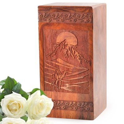 Camel Desert Natural Wooden Cremation Chest, Handcrafted Memory Box, 8-Inch Artistic Remembrance Urn, Clear Brown Urn for Human Ashes Adult Male/Female