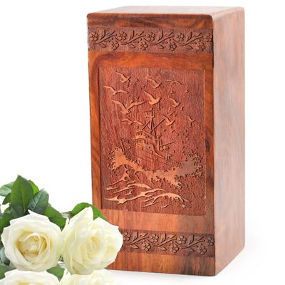 Fishing Boat Wooden Case - Farewell Casket - Timeless Memorial - Decorative 11.25" Clear Brown Urn for Human Ashes Adult Male/Female