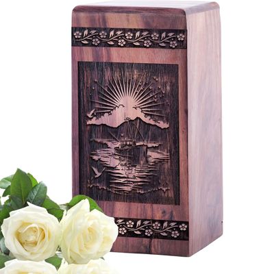 Fishing Boat Dark Wooden Box - Mini Remembrance Casket - Small Tribute Jar 5inch, Black Wood Keepsake Urn