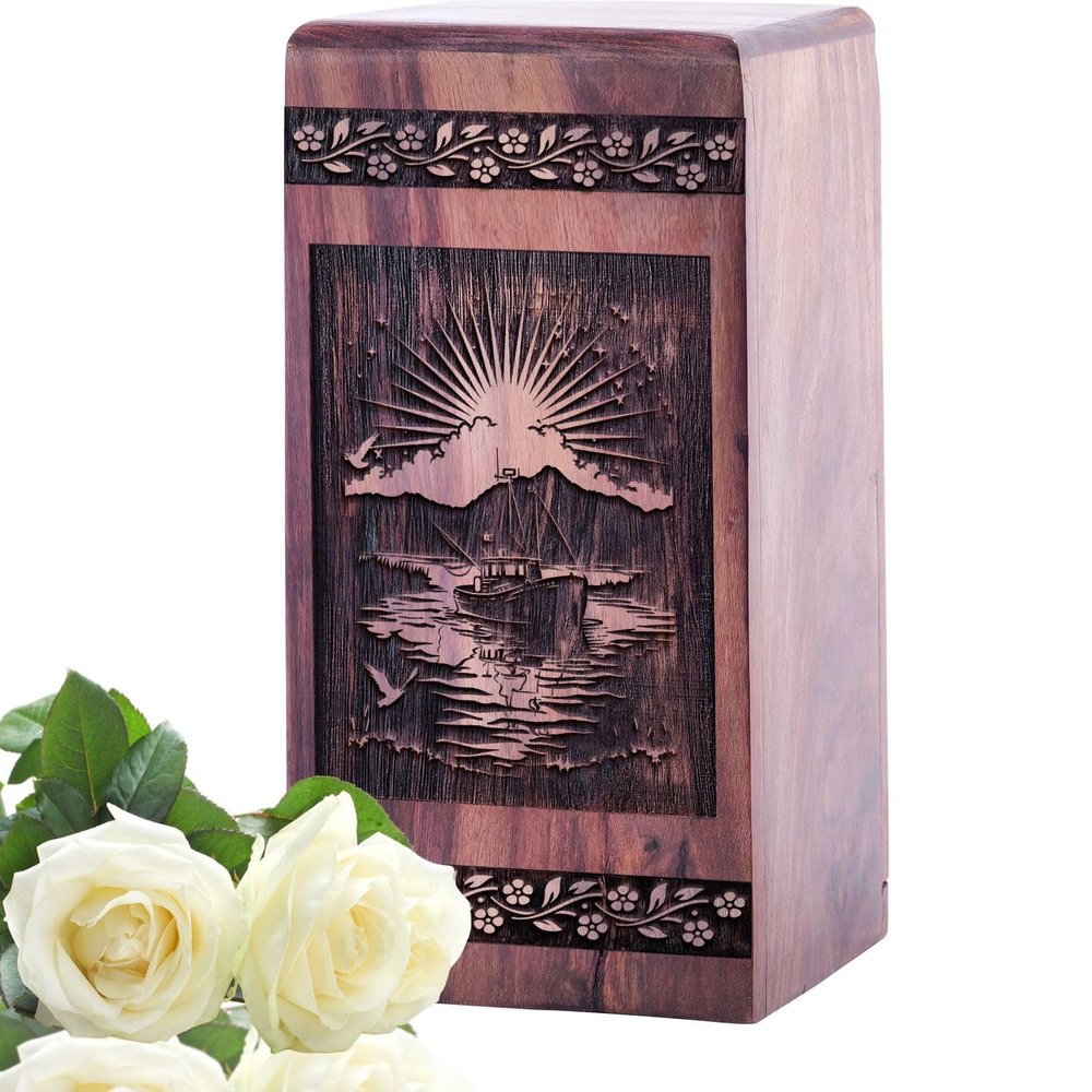 Fishing Boat Dark Wooden Box - Mini Remembrance Casket - Small Tribute Jar 5inch, Black Wood Keepsake Urn