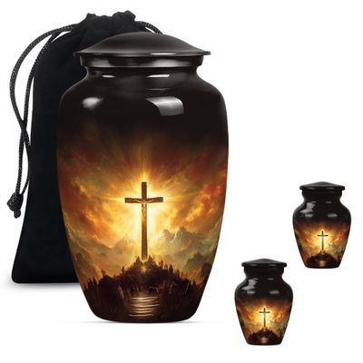 Jesus Cross Urn for Ashes for Women, Large Cremation Urns for Human Ashes Adult Man, Mini Urn for Ashes, Companion Urns for 2 Adults(Size - 10inch 1Pcs, 3inch 2Pcs)